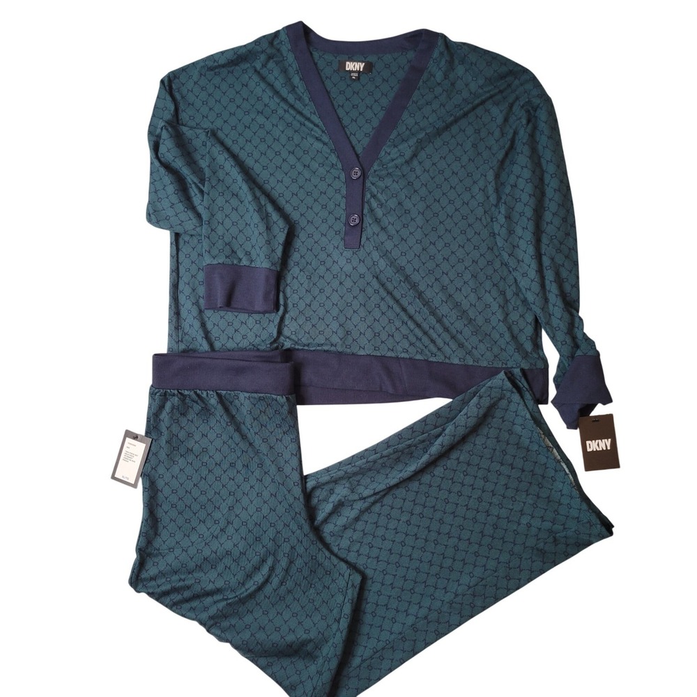 DKNY Womens Teal Logo Print Henley Top and Wide Leg Pajama Set XL New Lounge - Picture 15 of 16